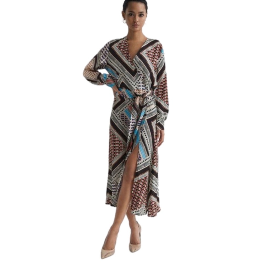 Reiss Brown and Blue Patterned Midi Dress